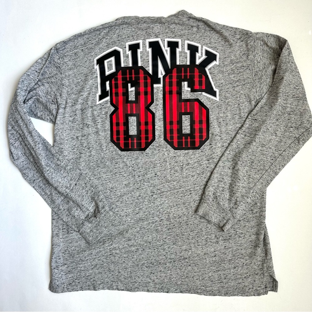 PINK Victoria’s Secret Long Sleeve Marled Gray Red Plaid 86 Tee L